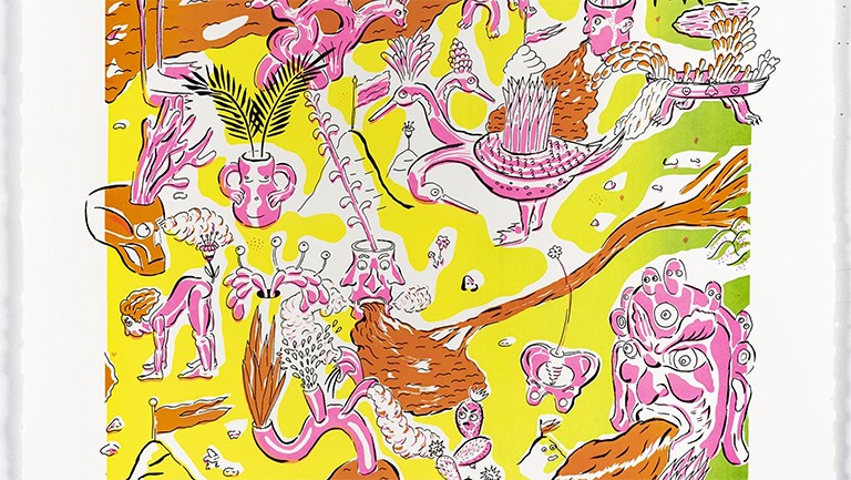 An hand-drawn artwork in yellows, oranges and pinks.