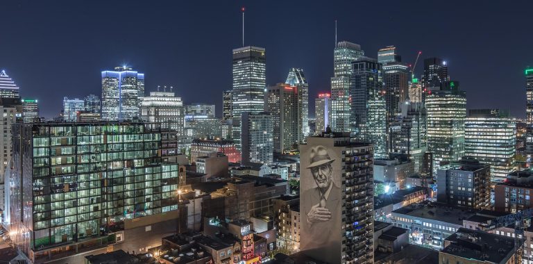 Montreal city seen from the air at night.