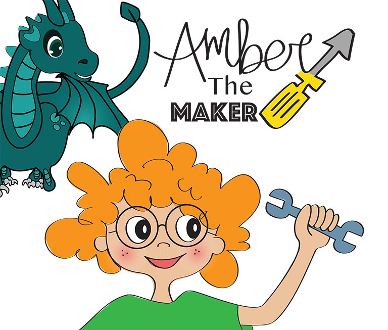 Amber the Maker book cover book cover, showing illustration of green dragon in top-left corner, "Amber the Maker" title with screwdriver at centre, and young girl with curly orange hair and freckles smiling and holding a wrench