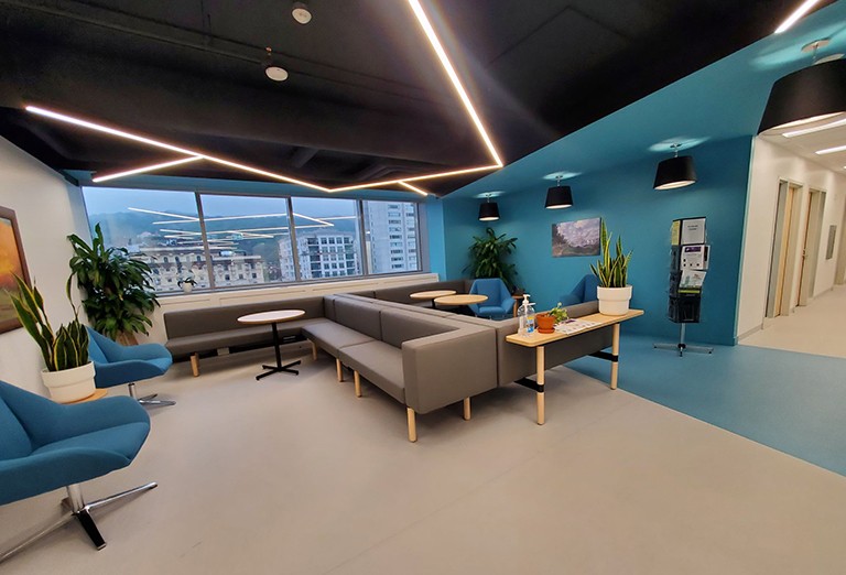 Lata Narayanan: Photo of an interior with grey couches and blue chairs.