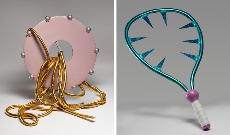 Art objects: On the left, a pink round with a hole in the centre and gold rope wrapped around and through the object. On the right, a tennis racket with sharp points in the centre instead of strings.