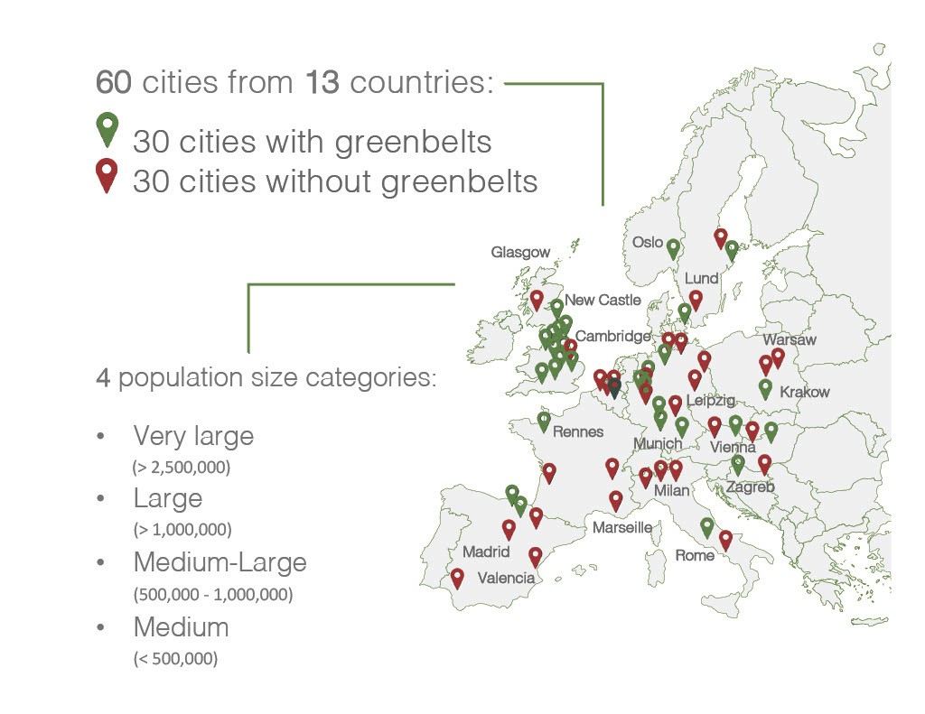 Map of European cities with and without greenbelts