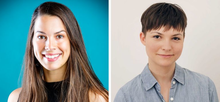 On the left, a smiling young woman with long, dark hair and a sleeveless top. On the right, a smiling young woman with short, dark hair, a nose-ring and a chambray shirt.