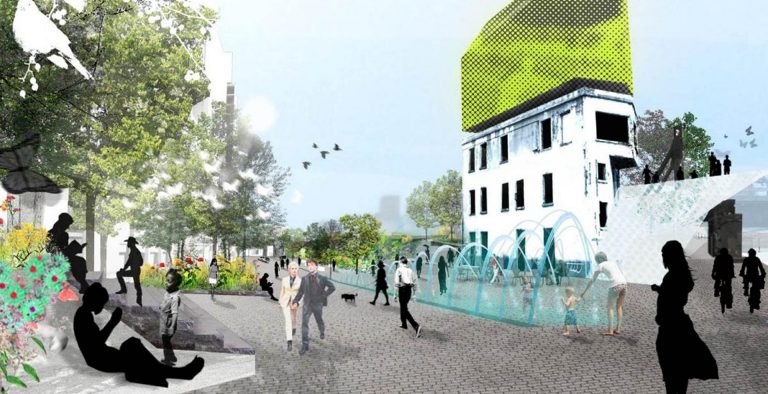 A graphic representation of a downtown, urban space with cobblestones, silhouettes of people walking and sitting, and a white building with a jutting green roof.
