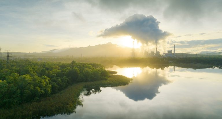 Image of a smoking urban centre in the far distance with vegetation and a crystal-clear, still lake in the foreground.