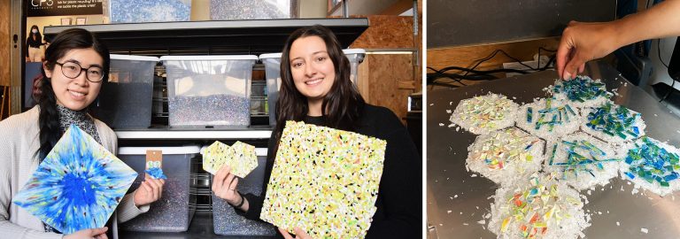 A diptych image, with two women on the left holding large cards and smiling for the camera, and on the right a hand sprinkling coloured plastic pieces onto coaster-shaped rounds.