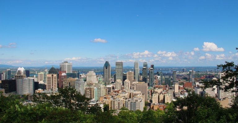 Photo of a city skyline, taken from a hill above. 