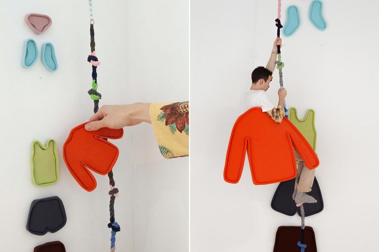 A diptych of a performance art work, with a hand placing a fabric top on a rope on the left image and on the right image, a man holding what looks like the same top as he climbs the rope.