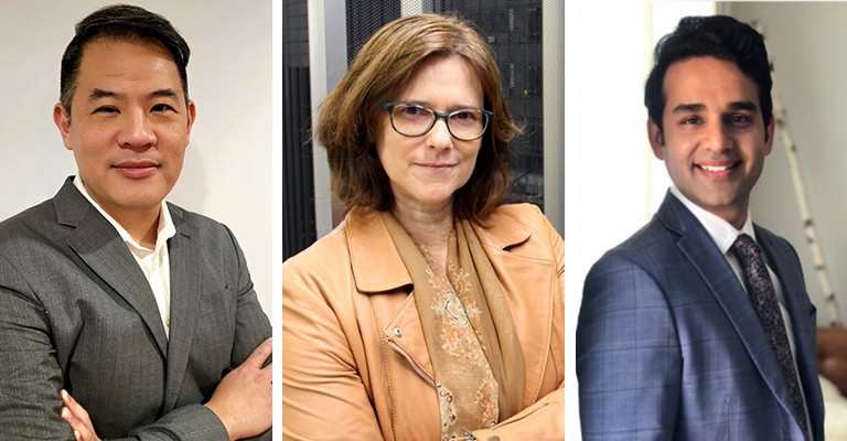 Featured speakers Eric Chung, Manon Gaudet and Umang Handa. A triptych image of portraits of two men and one woman (in the middle).