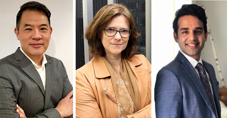 A triptych image of portraits of two men and one woman (in the middle).