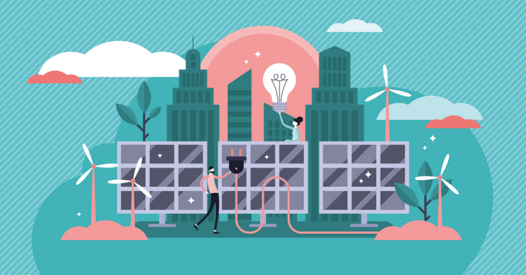 Graphic illustration in blues, apricots and greens, showing an urban environment with two people holding an electric cord and a lightbulb.