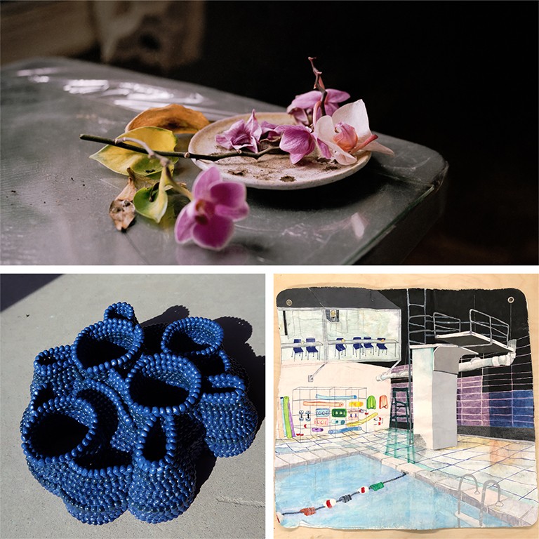 Clockwise from top: Quang Hai Nguyen, “between your voice and mine,” 2022. Frédérique Laliberté, « Piscine droite, » 2021.Eva Tellier, “Tide,” 2022. | All images courtesy of the artists A series of artworks depicting flowers on a plate, a drawing on a swimming pook and circles of blue beads.