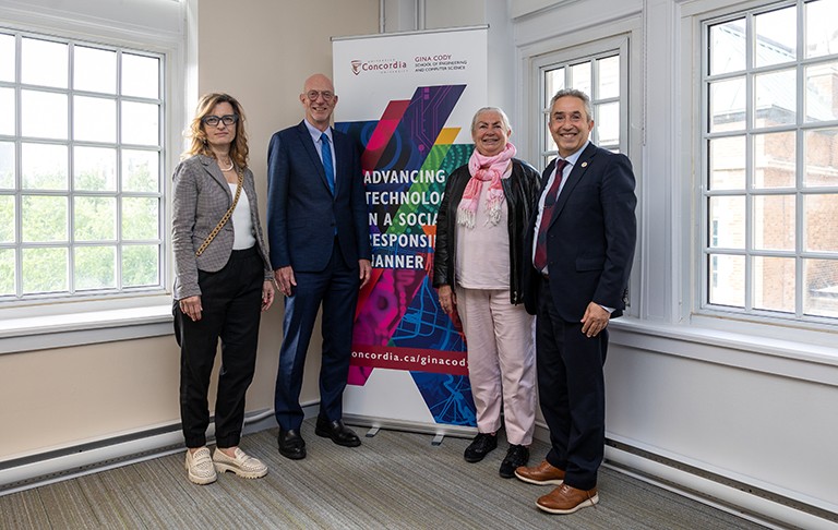 From left: Dominique Bérubé, vice-president of research and graduate studies, Concordia President Graham Carr, Victoire de Margerie, Rondol executive chairman, and Karim Zaghib, Canada First Research Excellence Fund Electrifying Society chief executive officer. | Photo by Julian Haber A group of people — two women and two men — smiling for the camera.