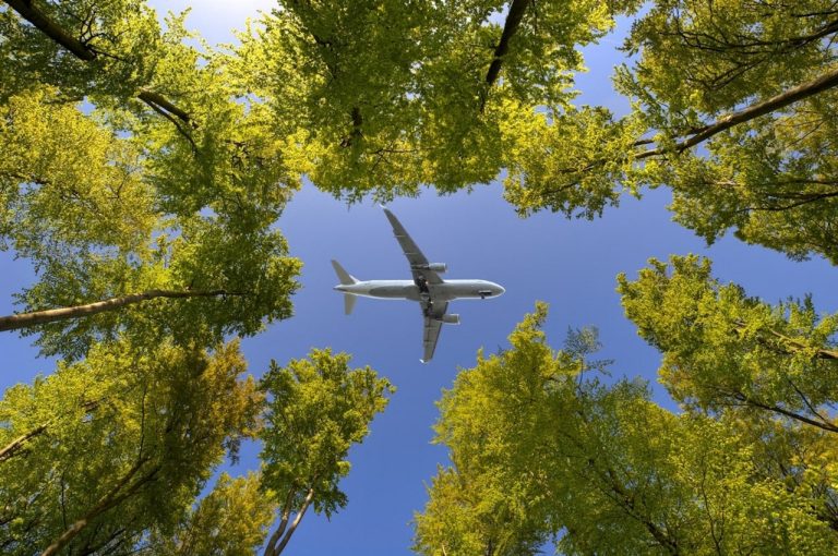 An airliner flies over a circle of green trees under a blue sky