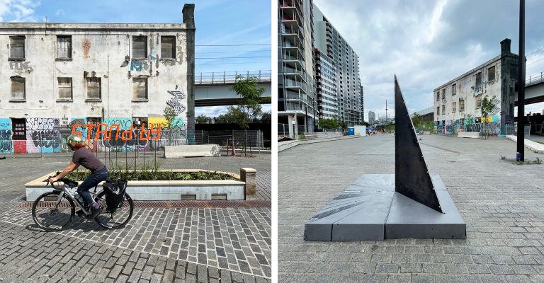 Diptych image with a cyclist in an urban setting on the left and a sun-dial sculpture in an urban setting on the right