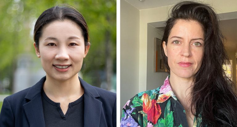 On left, a smiling woman with dark hair tied back. On the right, a smiling woman with long dark hair.