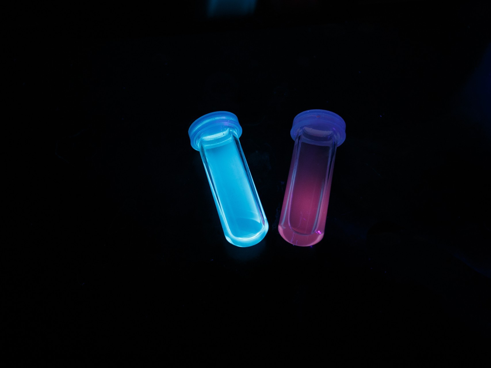 Colloidal carbon dots dispersed in water fluorescent carbon dots react to the presence of glyphosate in a small vial
