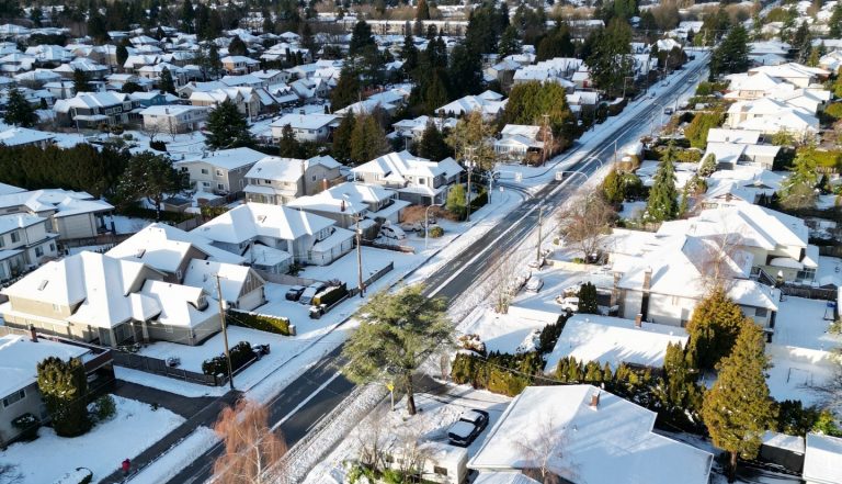Aerial view of snow-covered residential neighbourhood