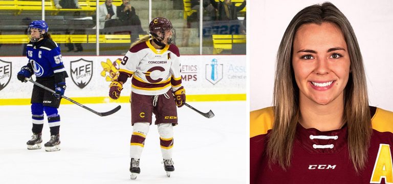Diptych image with two hockey players on the ice on the left, and a smiling young woman with long, blonde hair, wearing a burgundy and yellow sports jersey on the right.