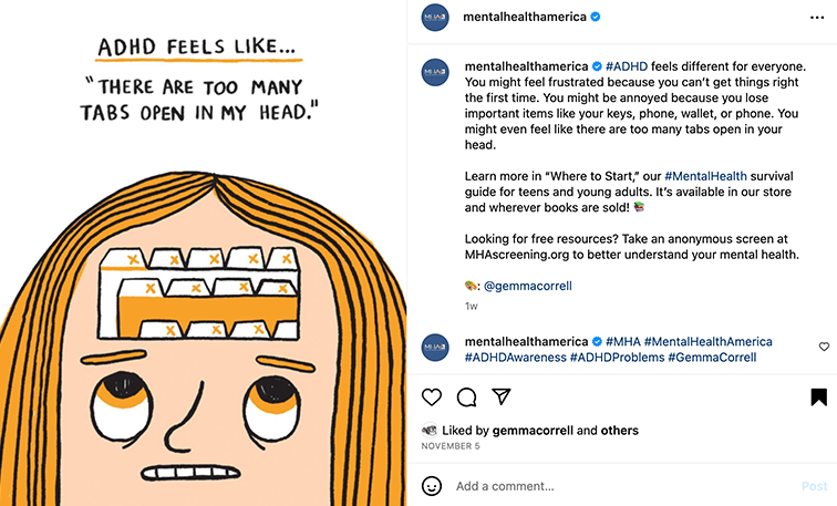 Mazowita says that more traditional mental health agencies are beginning to share the comics cartoonists are creating. A cartoon image of a young woman with long red hair, with social media comments beside it.