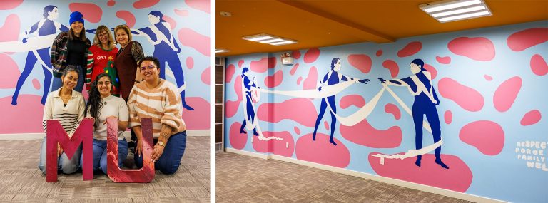 Diptych image with at left, a diverse group of women gathered together in a corridor with a mural behind them. At right, a mural with an artistic depiction of women dancing together with ribbon.