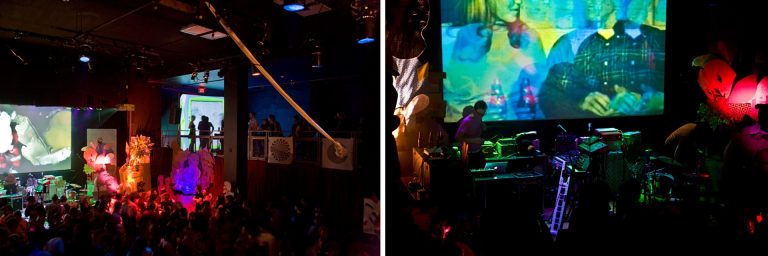 Diptych image of two different points of perspective from an indoor music and art festival, with lights, lots of people, musical instruments and large screens.