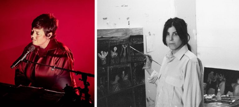 Diptych image: On the left a woman playing and singing at a grand piano and on the right, a black and white image of a woman painting in a studio.