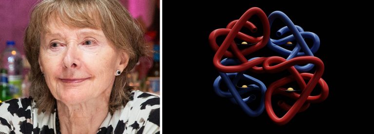 Diptych image with a smiling older woman with blonde hair and a patterned shirt on the left. On the right, a graphic recreation of the hemoglobin protein found in red blood cells