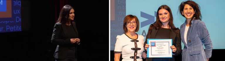 Diptych image with a woman on the left, dressed in a black pant suit, giving a presentation. On the right, three woman stand together and smile for the camera, with the middle woman holding a certificate 