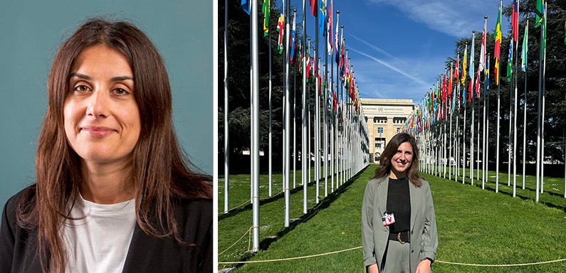 At left, a woman with long brown hair and wearing a black top. At right, the same woman standing in front of the the Palace of Nations, United Nations Geneva headquarters.