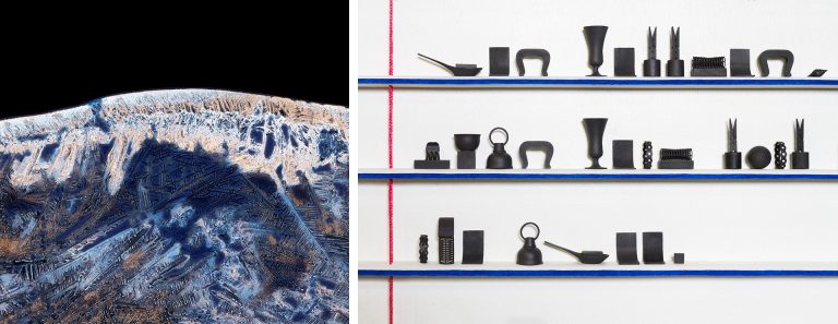 Diptych of artworks: On the left, one in shades of blue, on the right, figures on a lined page.