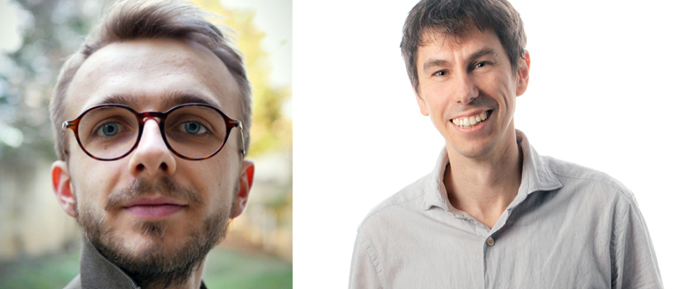 Side by side images of two men: the first with blonde hair, brown glasses and a beard and the other man with brown hair wearing a grey button-up shirt.