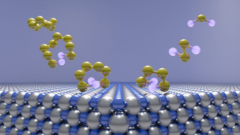 Image of a computer generated simulation in purples and yellows of lithium–sulfur lithium sulfide adsorbate molecules. 