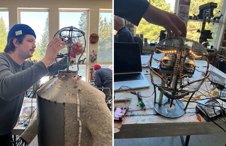 Diptych image of a robot made from wire and fabric with a young man in a backwards baseball cap working on it. 