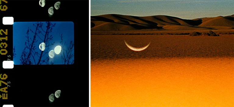 Diptych image of artist's work: on the left, a filmstrip image of the moon at twilight, on the right, a sliver of moon above a desert landscape. 