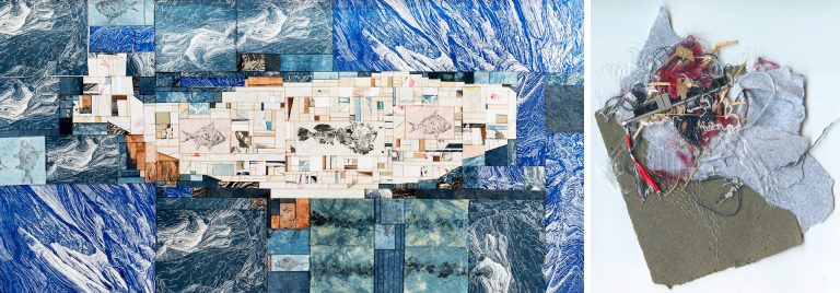 A diptych image with a collage in blues on the left and on the right, a collection of scraps laid out on a piece of paper.