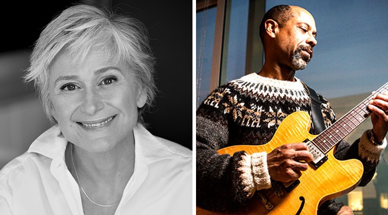 Left: Clothilde Cardinal (photo by Monic Richard.) | Right: Baron Tymas. Diptych image of a smiling woman on the left wearing a collared shirt, and a man on the right, wearing a woollen jumper and playing a guitar.