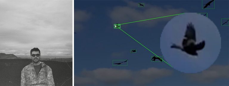 Diptych image with a man in sunglasses in a landscape (in black and white) on the left, and on the right, an image of geese flying with green lines drawn around and between them.