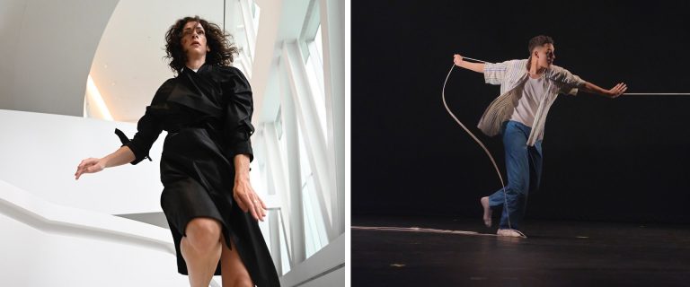 Diptych image of a woman on the left with long dark hair caught in the act of dancing, and a young man on the right holding a rope and dancing.