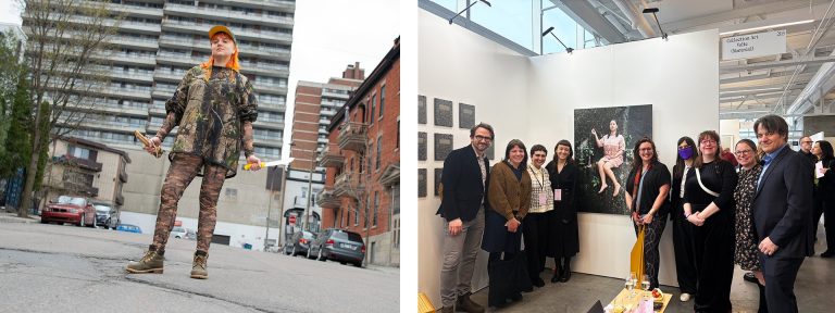 Diptych image with a woman with long, orange hair, wearing a cap and army fatigues, standing on a city street. On the right, a group of people standing in front of a painting at an exhibition.