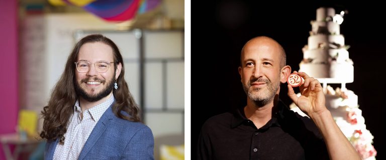 Diptych image of two men: On the left, a smiling man with a beard, glasses and long, dark hair, and on the right a bald man wearing a dark shirt and holding a button