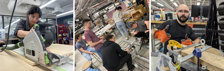 A triptych of engineering students working on a project in the mechanical workshop of a university