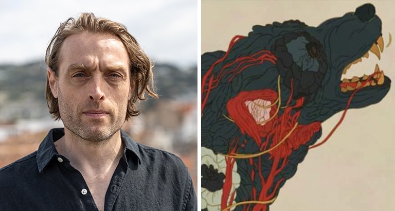 Felix Dufour-Laperrière’s animated feature-length film La Mort N'Existe Pas premiered at Cannes Diptych, with a frowning man with longer blond hair on the left, and an animated wolf on the right.