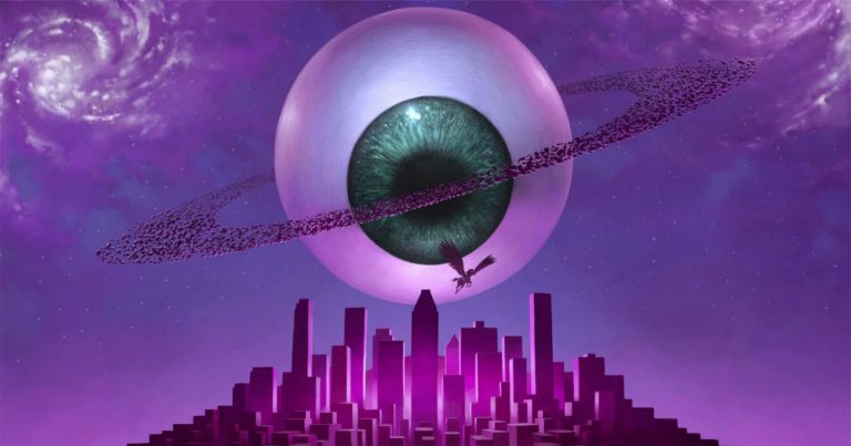 Film festival art featuring a giant eyeball with a ring of asteroids in a purple sky with a city beneath and a silhouette of a pegasus in the white of the eyeball.