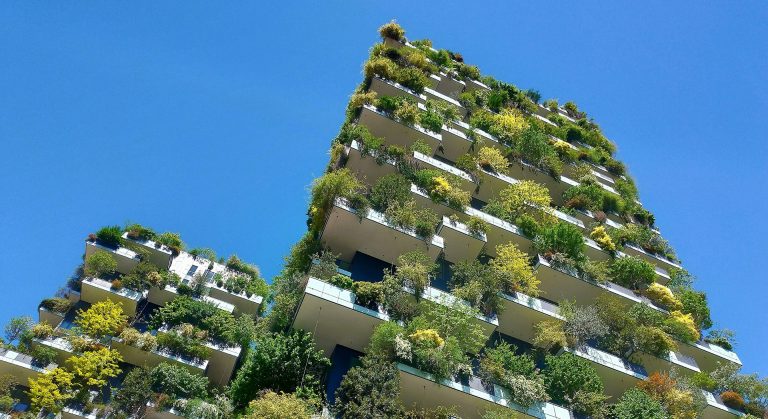 A city building with plants on the balcony