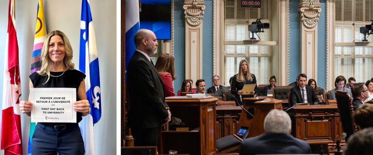 Diptych image of a blonde woman in parliament