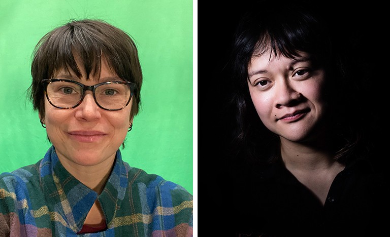 Diptych image of two people, one with glasses and short hair and one with dark hair and wearing a dark shirt