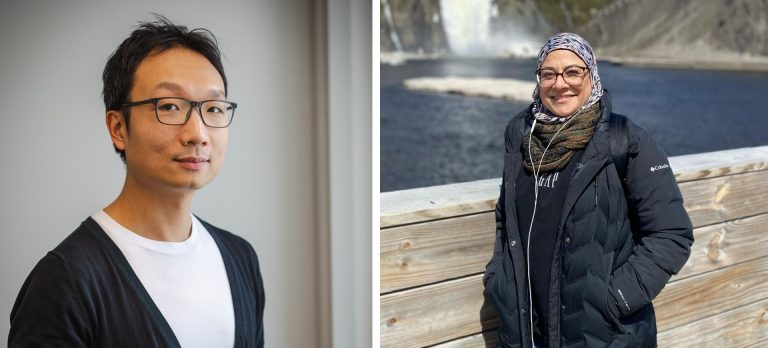 Diptych image with a portrait of a young man with short dark hair on the left and a woman with glasses and a head scarf standing in a scenic tourist spot on the right.