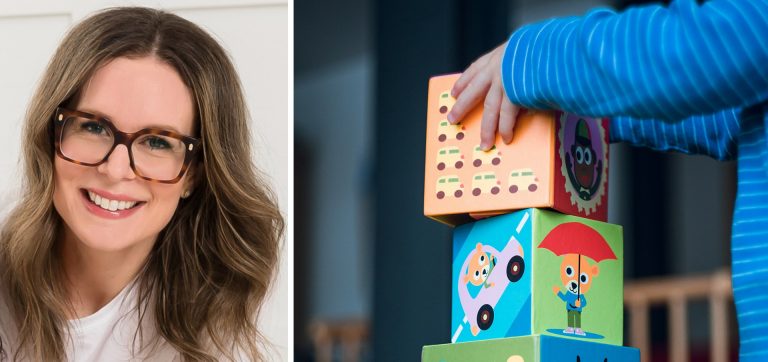 Diptych image of a women with long, blonde hair and glasses on the left and a child's hand holding a play block on the right. 