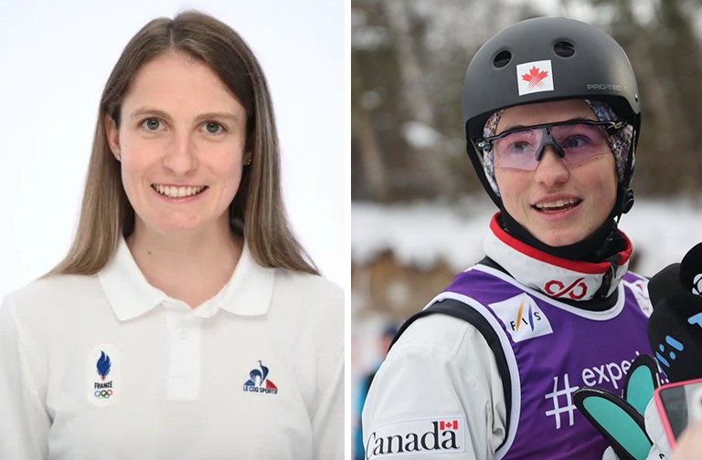 Diptych image with a woman with long blonde hair on the left and a woman in a black helmet and sportswear on the right.